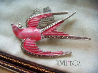 Vintage Art Deco Large Pink Enamelled Marcasite Chrome Swallow Swift Bird Brooch