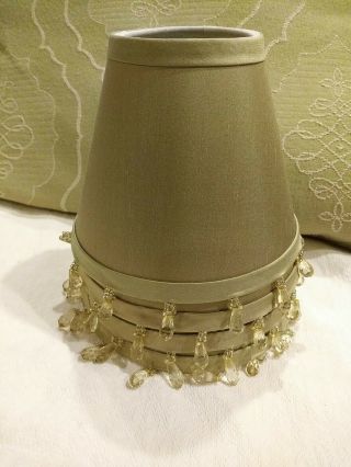 Vintage Small Clip On Sage Fabric Lamp Shade Crystal Bead Trim Pre Owned 4 " (4)