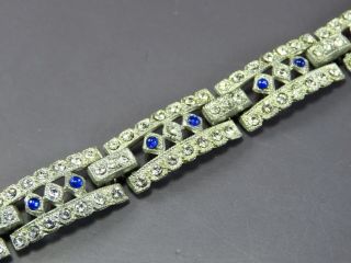 Vintage Sapphire Blue & Clear Rhinestone Panel & Bar Tennis Bracelet Art Deco