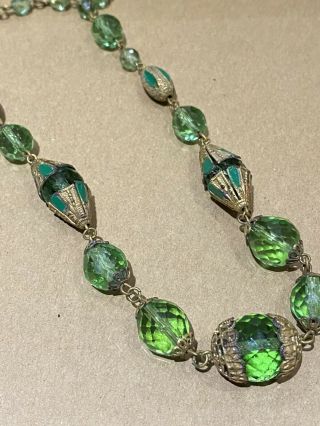 Vintage Art Deco Czech Neiger Green Glass Necklace