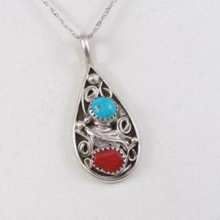Vtg Native American Sterling Silver Coral Turquoise Pendant Necklace 27.  5 " Lfl4