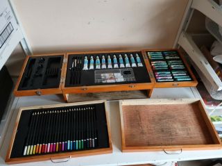 Art Wooden Artist Box Vintage Box Fully Loaded W Pencils Pens Paint Chalk Pastel