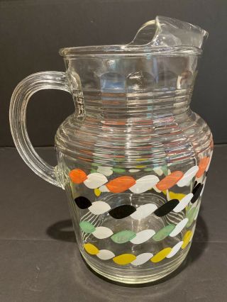 Vintage Htf Clear Glass Water Ice Tea Pitcher Colored Twist Design Ribbed