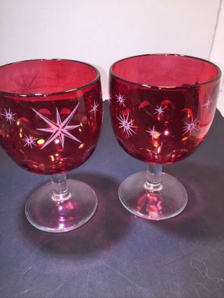 2 Vintage Bartlett Collins Red Cranberry Atomic Star Thumbprint Glasses Goblets