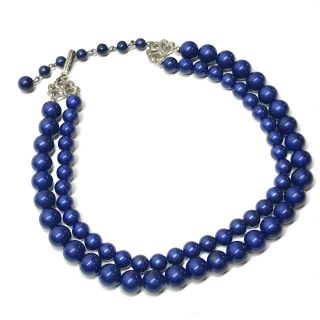 Multi Strand Blue Beaded Necklace,  Navy & Silver,  Vintage,  15 Inches