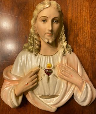 Vintage Chalkware Sacred Heart Of Jesus 1957 Michigan Composition Lamp Co.  10”