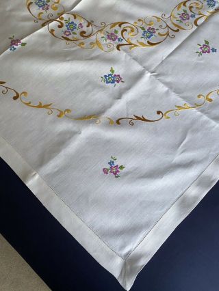 Vintage Floral Heavily Hand Embroidered Cream Irish Linen Lge.  Oblong Tablecloth