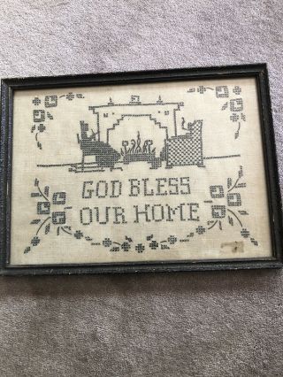 Vtg Finished Cross Stitch Sampler God Bless Our Home Framed 11”x 14” Complete