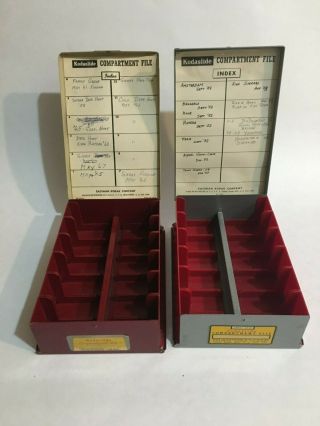 2 Vintage Kodak Kodaslide Compartment File Fold - Out Metal Slide Boxes 1952 - 1967
