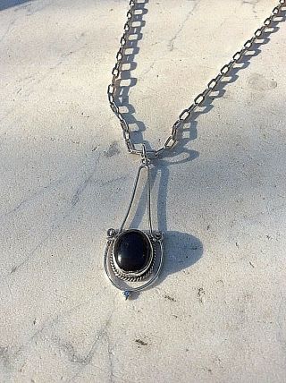 Pendant & Chain Black Onyx Necklace Sterling Silver (439j) Vintage