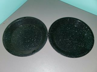 Set Of 2 Vintage Black Speckle Enamelware Pie Plate Baking Tins 10 "