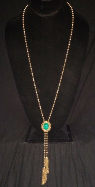 Vintage Avon Lariat Necklace - Gold Tone - Green Faux Stone - 38 Inch