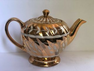 Vintage Sadler England China Teapot Metallic Gold Over White W/ Leaves & Swirl