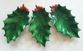 3 Vintage Holland Mold Christmas Holly Leaf Berries Candy Nut Dish Dishes