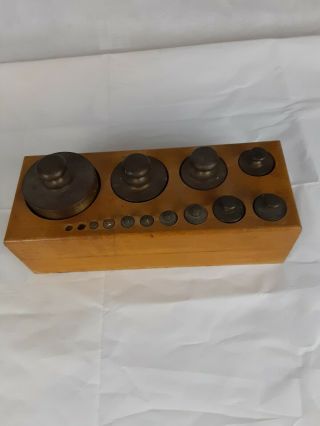 Vintage 14 Piece Brass Calibration Weight Set 2000 Grams To 1/2 Gram Wood Box