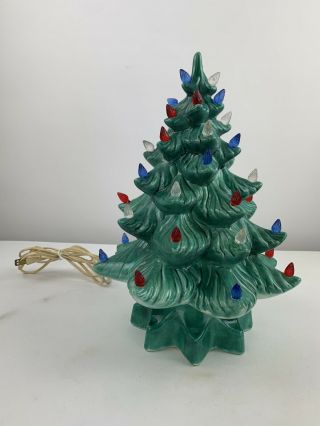 Vintage Ceramic Green Light Up Christmas Tree With Base 13 Inches