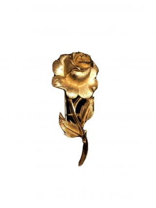Vtg Crown Trifari Gold Tone Rose Stem Brooch Pin Lapel Floral Jewelry