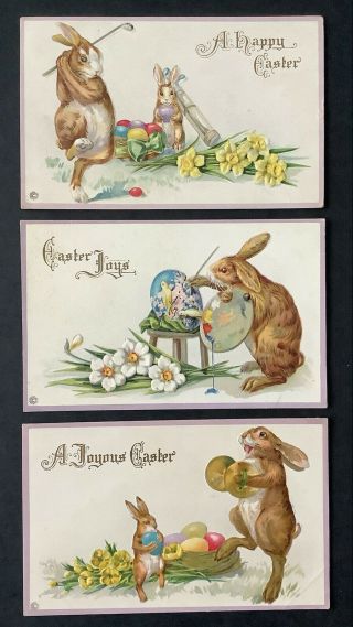Vintage Easter Postcards (3) Stecher Series 509 Bunnies,  Golfing,  Painting Egg