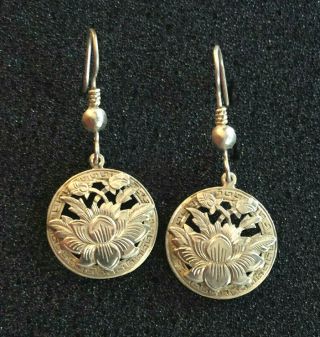 Vtg Sterling Silver Earrings Asian Lotus Flower Medallion 1.  75 " 6g 925 1000