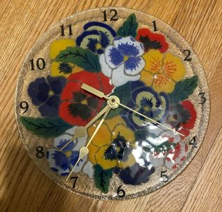 Vintage Peggy Karr Fused Glass Floral Plate Clock W/original Box