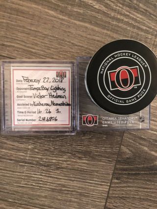 2017 - 18 Victor Hedman Tampa Bay Lightning Game - Goal - Scored Puck Ottawa Logo