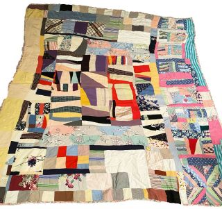 Vintage Handmade Crazy Quilt Remnant Blanket Indiana Estate 66 " X 74 "