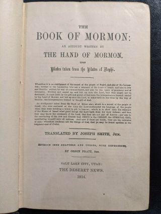 The Book Of Mormon,  1914,  Salt Lake City,  Utah: The Deseret News