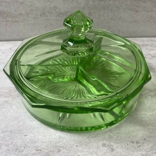 Vintage Uranium Green Depression Glass Divided Dish With Lid.