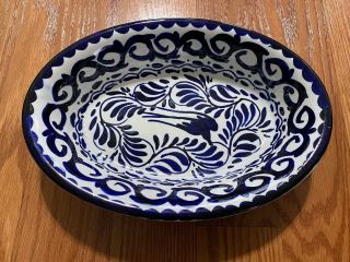 Vintage Anfora Puebla Blue Oval Vegetable Serving Bowl Perfect Old Pottery Mark
