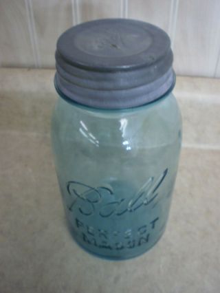 Vintage 13 Blue Ball Perfect Mason Fruit Canning Jar W/ Zinc Lid Cap Quart