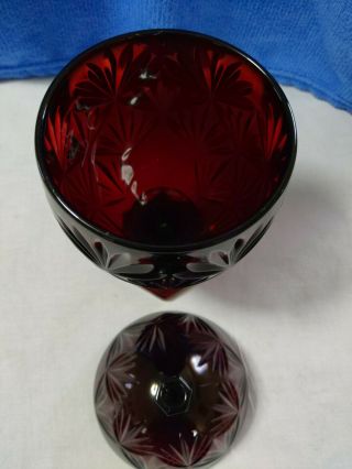 Footed Ruby Red Cut Glass Candy Dish with Lid 2