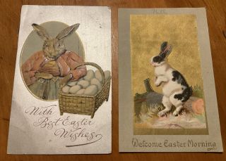 Vintage Antique Easter Bunny Post Cards 1909 Embossed Metallic Greeting Cards