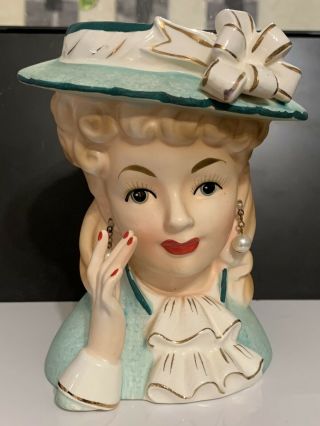 Vintage Relpo Lady Head Vase Planter Headvase 5.  75” Teal Green