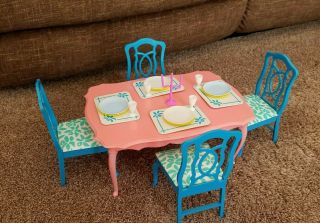 Vintage Barbie - Sized Dining Room Table,  Chairs,  Accessories