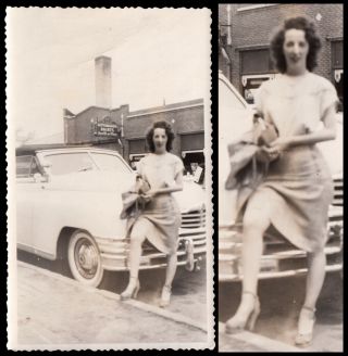 Long Legs Kinky Heels Seduction Woman & 1949 Packard Car 1940s Vintage Photo