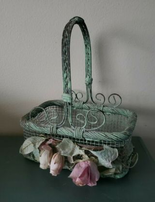 Vintage Metal Wire Basket With Roses Shabby Chic French Style