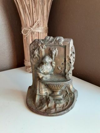 Antique Vintage Cast Iron Bookend Doorstop Girl Drinking From Fountain