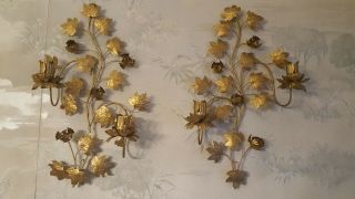 Vintage Metal Wall Sconces - Candle Holders With Leaves And Flower Buds