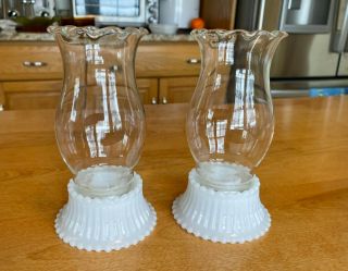 Vintage Milk Glass Hobnail Candle Holders With Clear Hurricane Globes