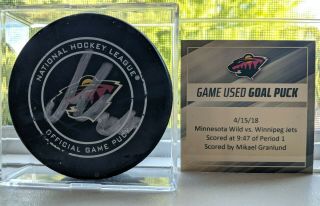 Mikael Granlund Minnesota Wild Game 2018 Playoff Goal Puck Autograph V Jets