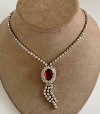 Vintage Signed Kramer Of York Ruby Red & Clear Rhinestone Pendant Necklace