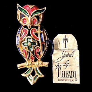 Vintage Crown Trifari Signed Blue Red & Green Enamel Owl Brooch Org.  Tag 1 3/4”