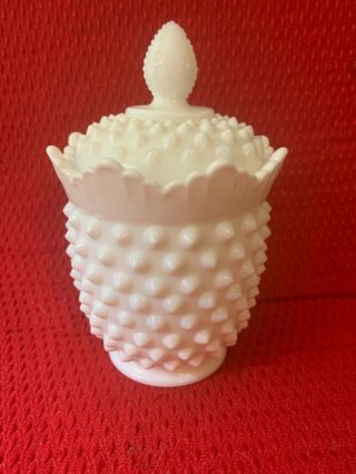 Vintage Mid Century Fenton White Milk Glass Hobnail Candy Jar 7 1/2 " Scallopped