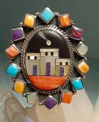 Vintage Southwestern Style Sterling Silver Multi Gemstone Inlay Ring Size 7.  75