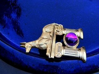 Vintage JJ Park Lane Anubis Egyptian Gold Tone Brooch Signed Purple Jelly Belly 2