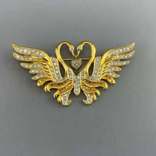 Vintage Signed Nolan Miller 18k Gold Plated Kissing Swans Brooch