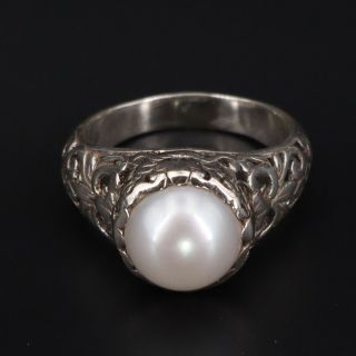 Vtg Sterling Silver - Ornate Freshwater Pearl Tapered Cocktail Ring Size 8 - 6g
