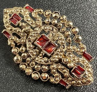 Vintage Art Deco Brooch Pin 2” Gold Tone Rhinestones Red Glass Lot1