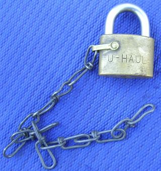 Vintage U Haul Industrial Brass Padlock With Chain Tether / Lanyard (no Key)