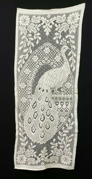Vintage White Lace Peacock 1940s Runner Curtain Panel Dresser Scarf 16x42 